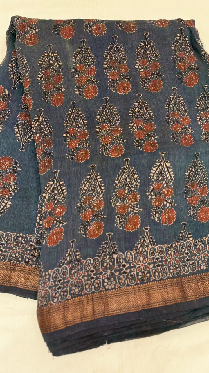 Ajrakh Handblock Printed Linen Silk Saree