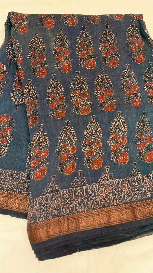 Ajrakh Handblock Printed Linen Silk Saree