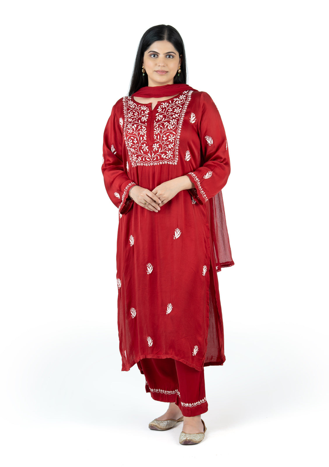 Deep Red Modal Satin Suit Set