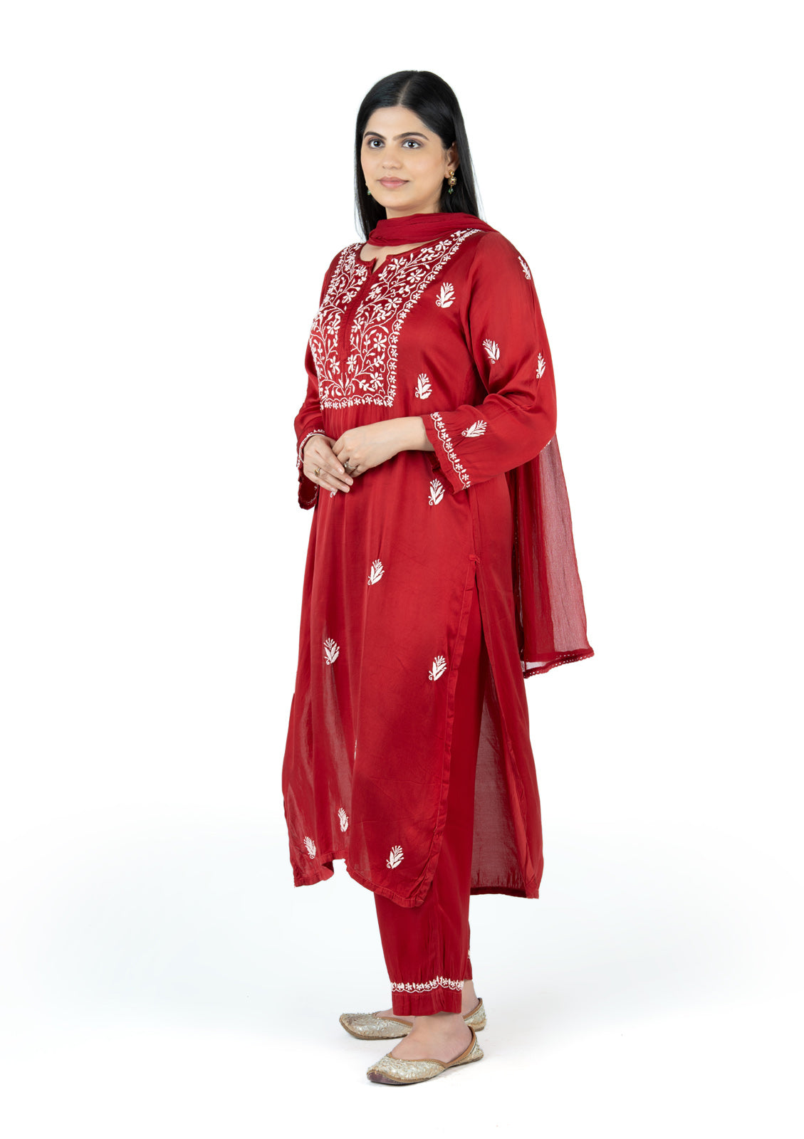 Deep Red Modal Satin Suit Set
