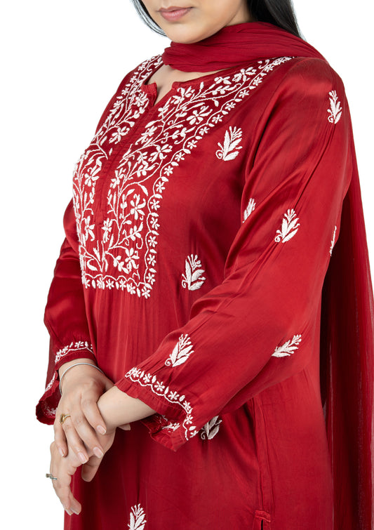 Deep Red Modal Satin Suit Set