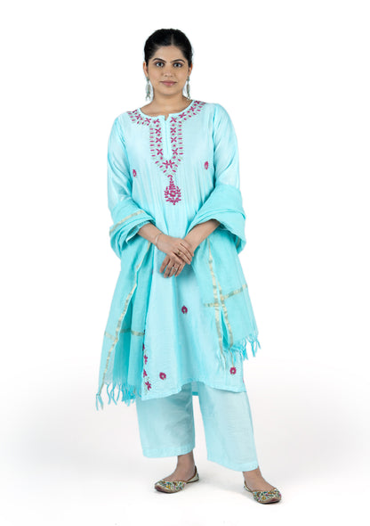 Aqua Blue Chikankari Chanderi 3-Piece Suit Set
