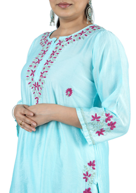 Aqua Blue Chikankari Chanderi 3-Piece Suit Set