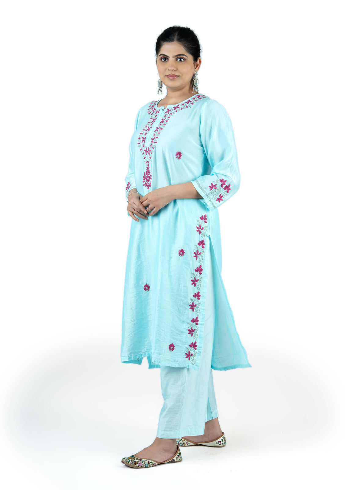 Aqua Blue Chikankari Chanderi 3-Piece Suit Set