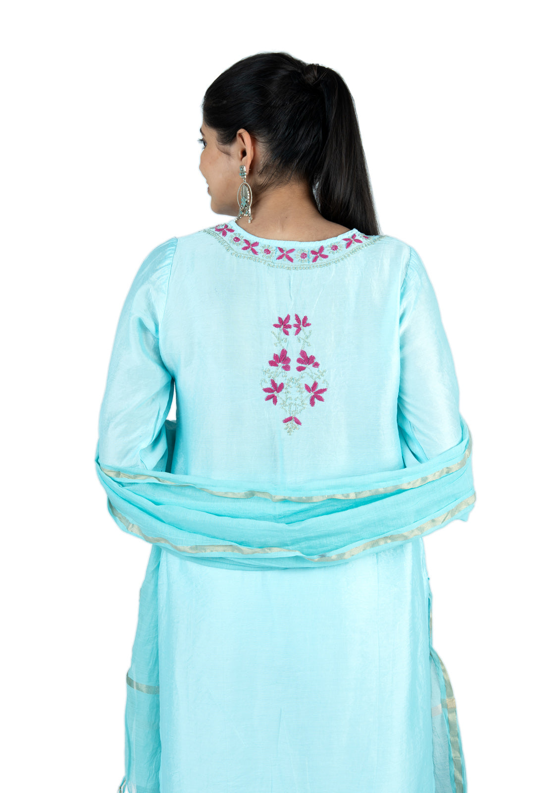 Aqua Blue Chikankari Chanderi 3-Piece Suit Set