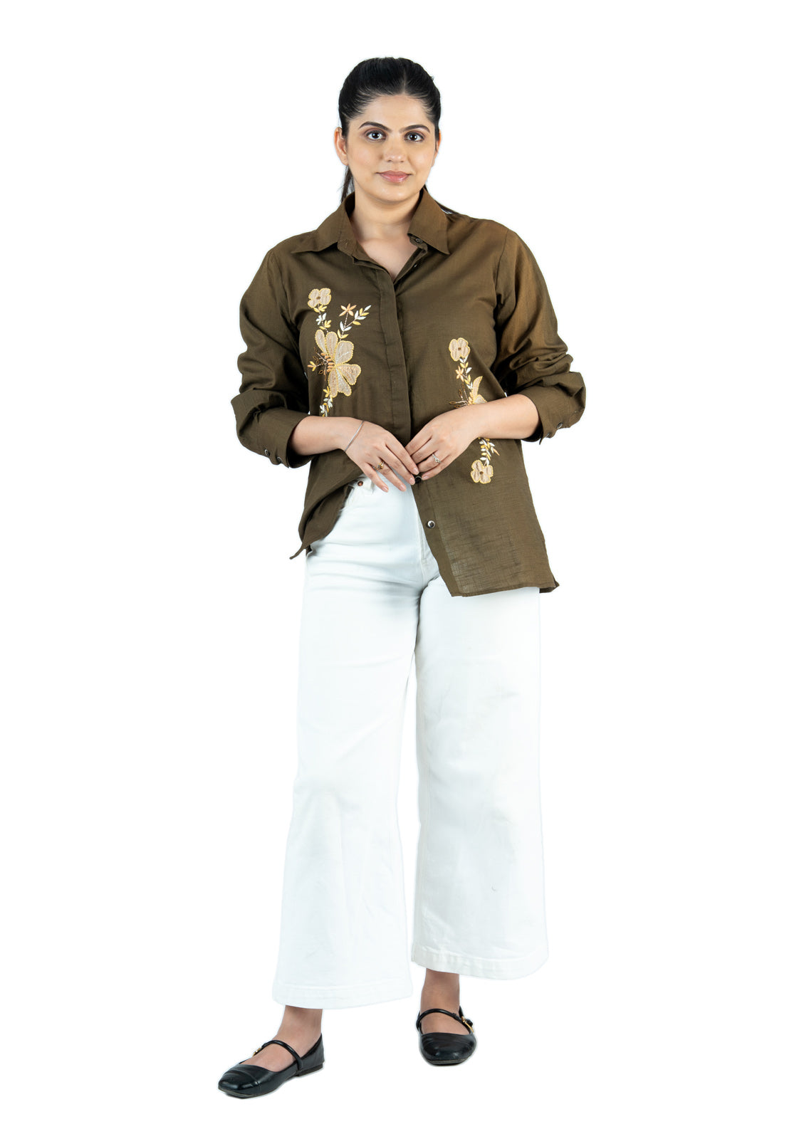 Olive Green Floral Appliqué Cotton Linen Shirt