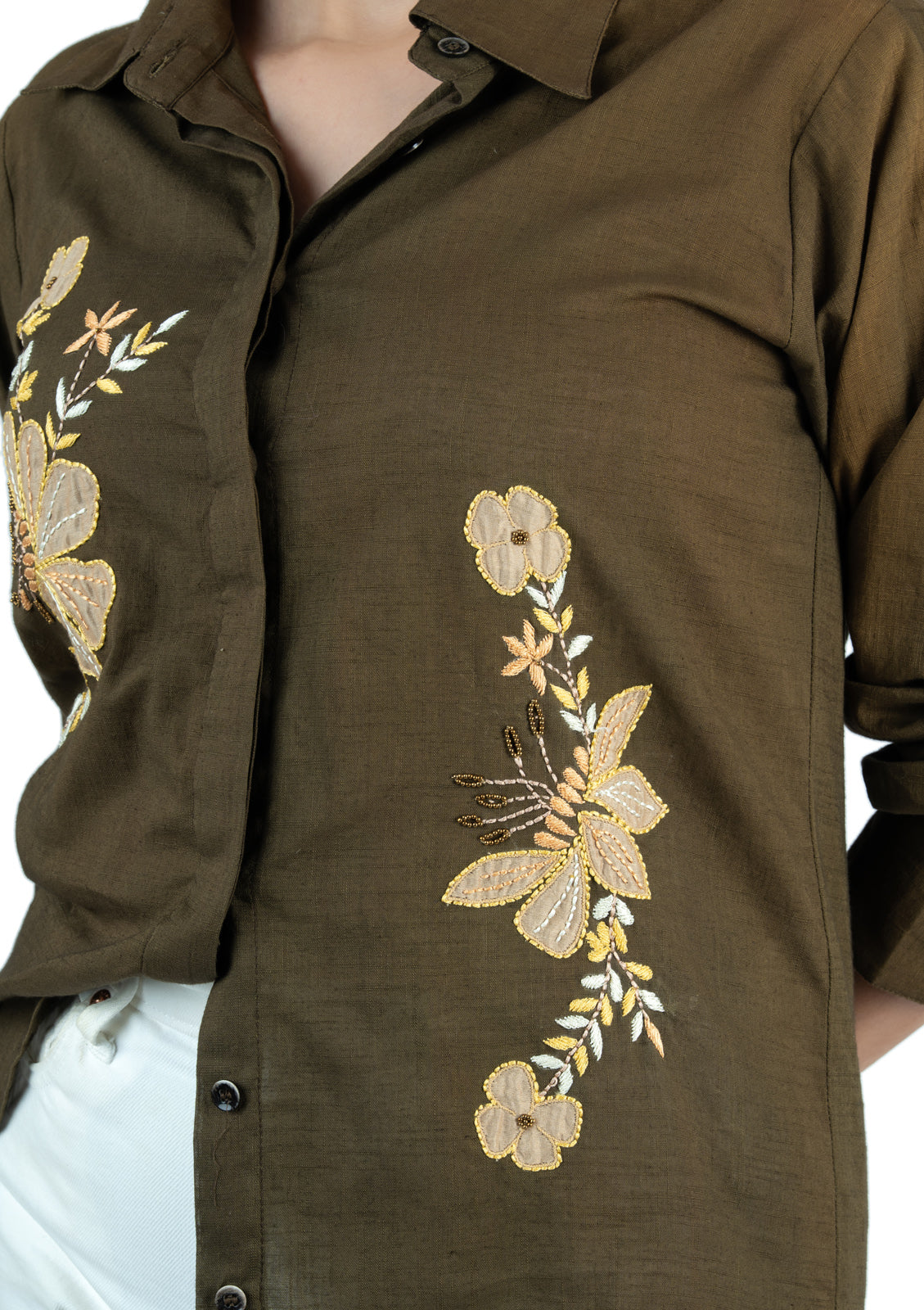 Olive Green Floral Appliqué Cotton Linen Shirt