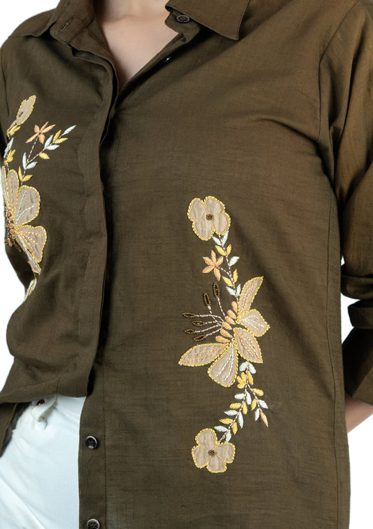 Olive Green Floral Appliqué Cotton Linen Shirt