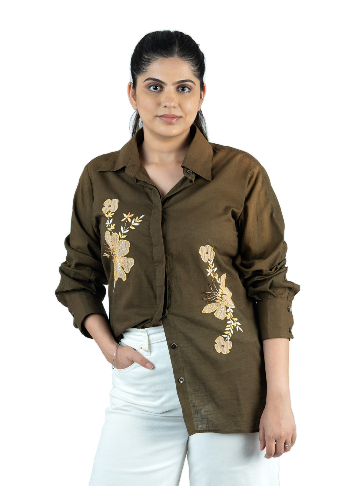 Olive Green Floral Appliqué Cotton Linen Shirt