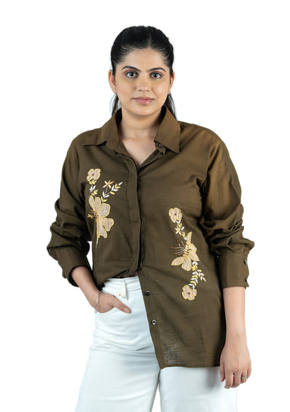 Olive Green Floral Appliqué Cotton Linen Shirt