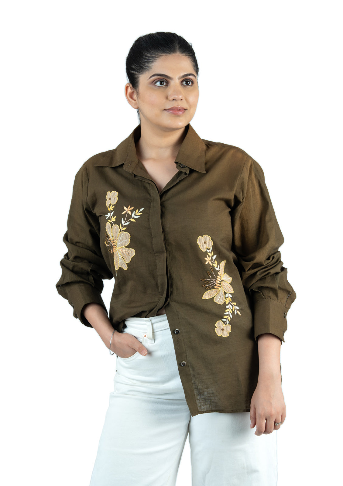 Olive Green Floral Appliqué Cotton Linen Shirt