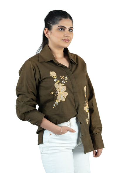 Olive Green Floral Appliqué Cotton Linen Shirt
