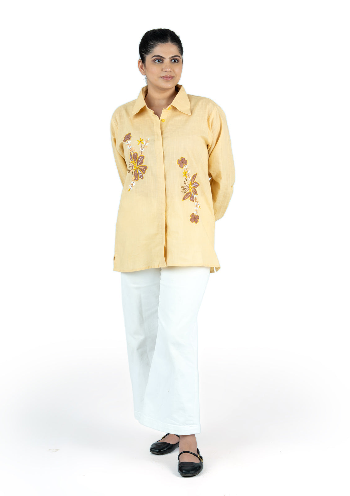 Pastel Yellow Floral Appliqué Cotton Linen Shirt