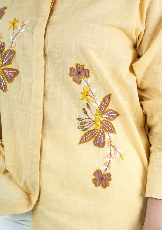 Pastel Yellow Floral Appliqué Cotton Linen Shirt