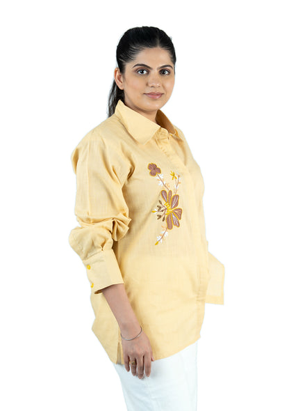 Pastel Yellow Floral Appliqué Cotton Linen Shirt