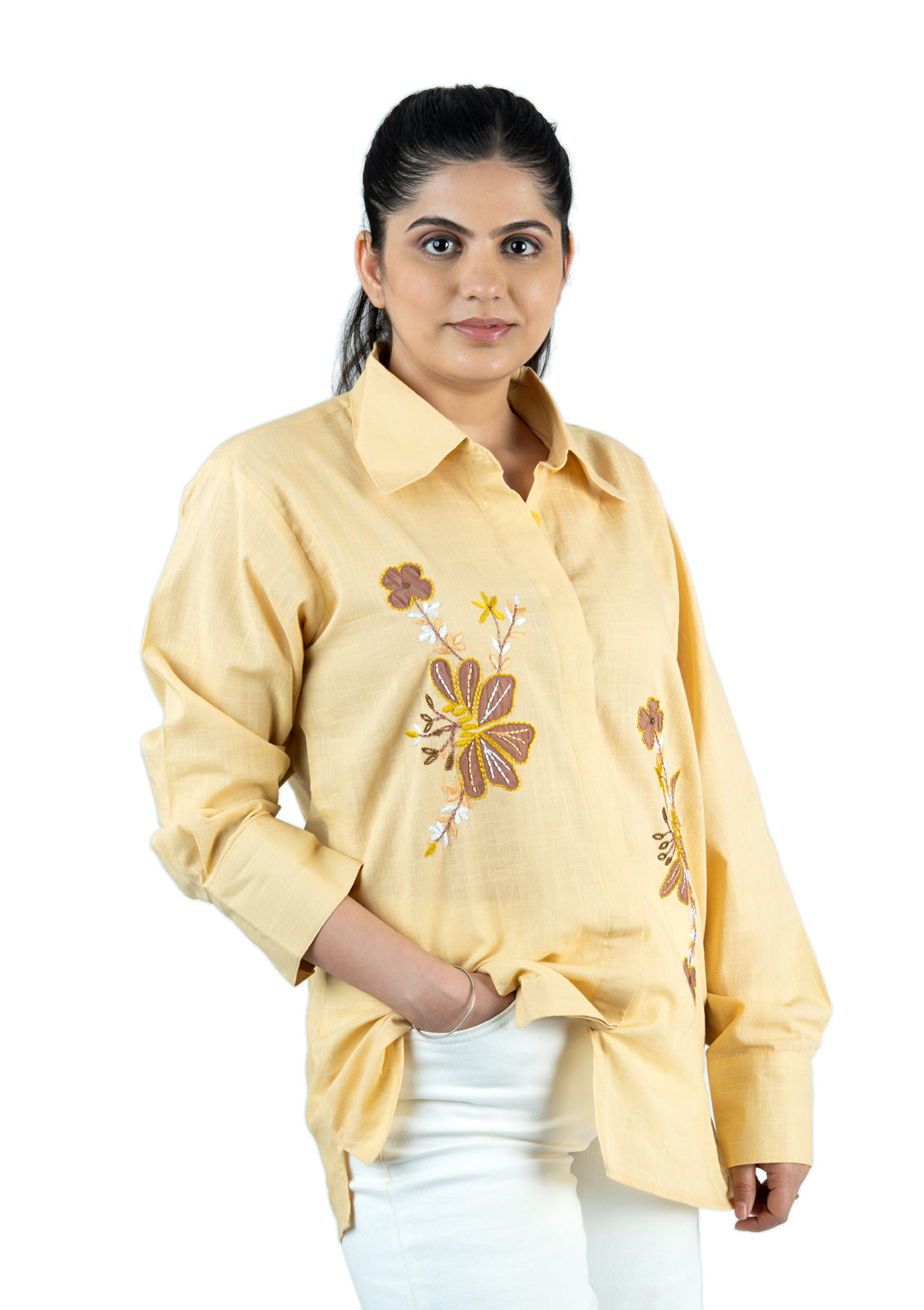 Pastel Yellow Floral Appliqué Cotton Linen Shirt