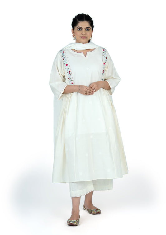 Embroidered Jamdhani Chanderi Silk Ensemble Kurta Set