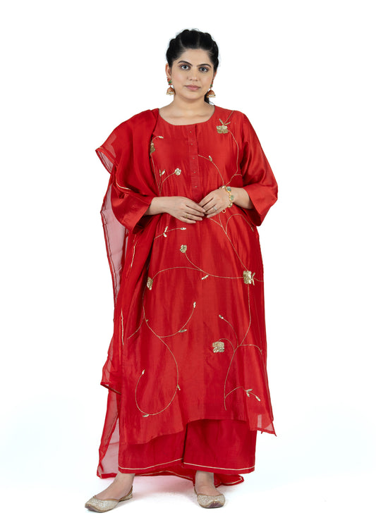 Chanderi Kurta Set with Organza Dupatta & Zari Work