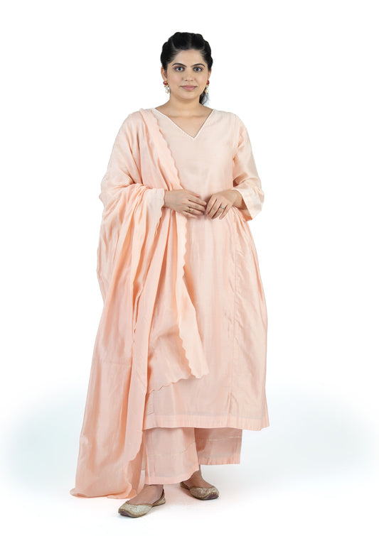 Blush Pink Chanderi 3-Piece Set with Hand Embroidered Dupatta