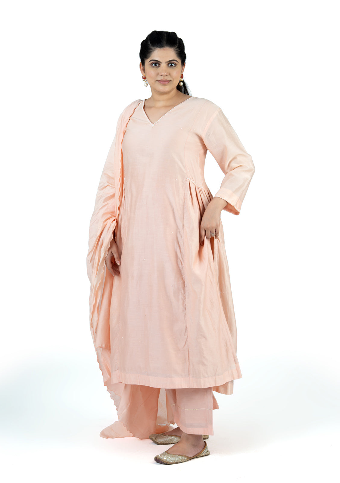 Blush Pink Chanderi 3-Piece Set with Hand Embroidered Dupatta