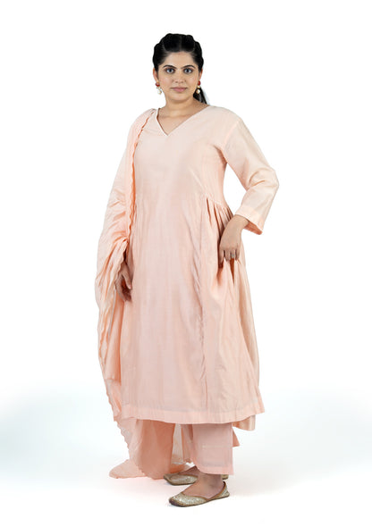 Blush Pink Chanderi 3-Piece Set with Hand Embroidered Dupatta