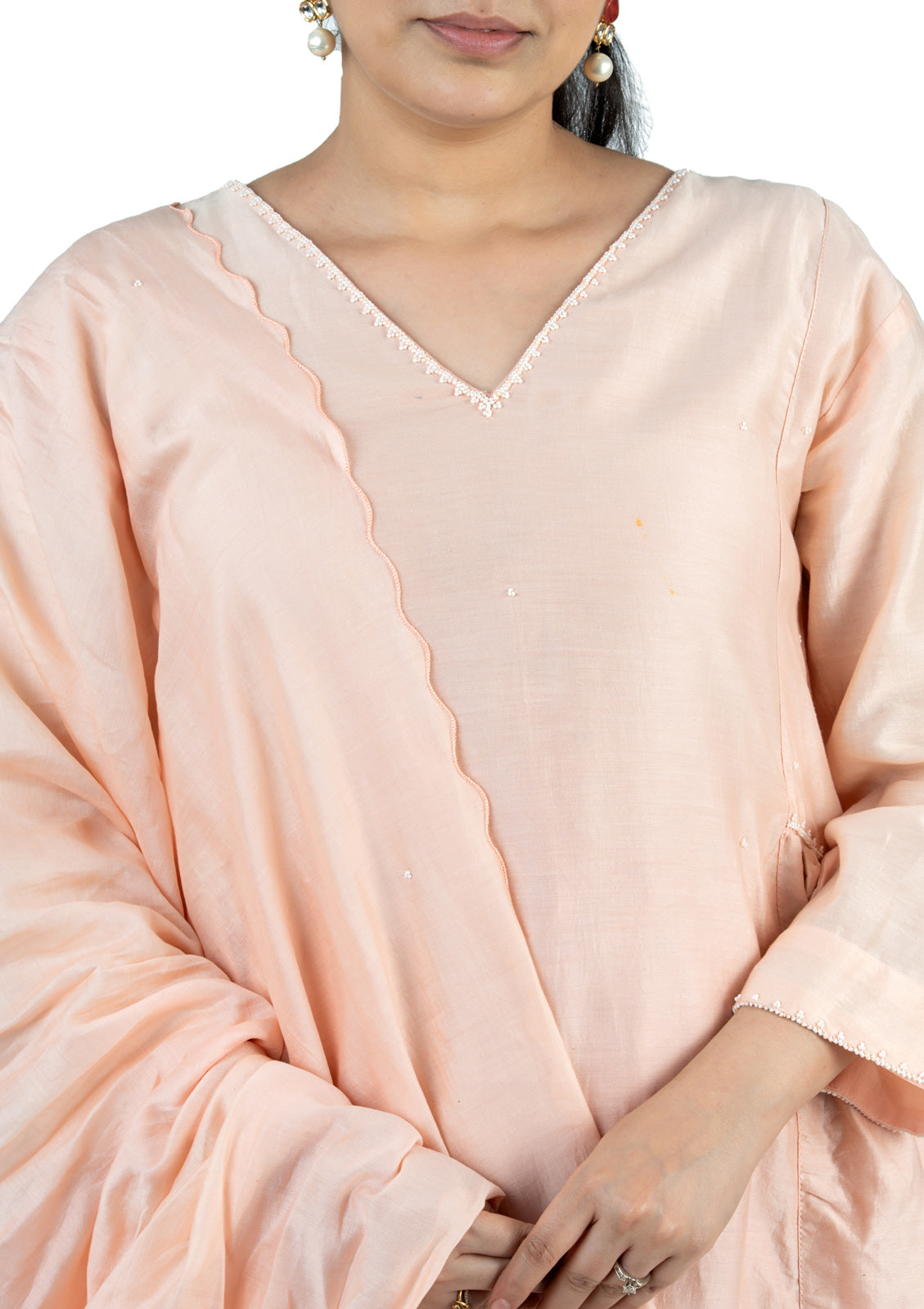 Blush Pink Chanderi 3-Piece Set with Hand Embroidered Dupatta