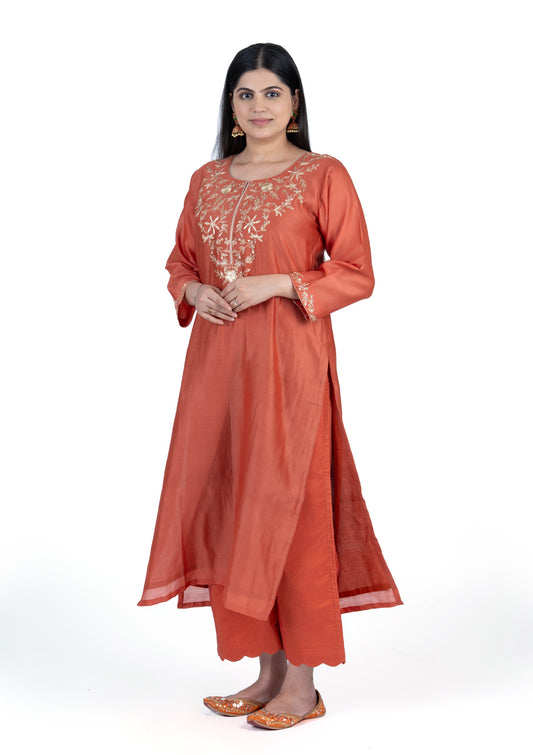 Premium Burnt Orange Chanderi Co-Ord Set