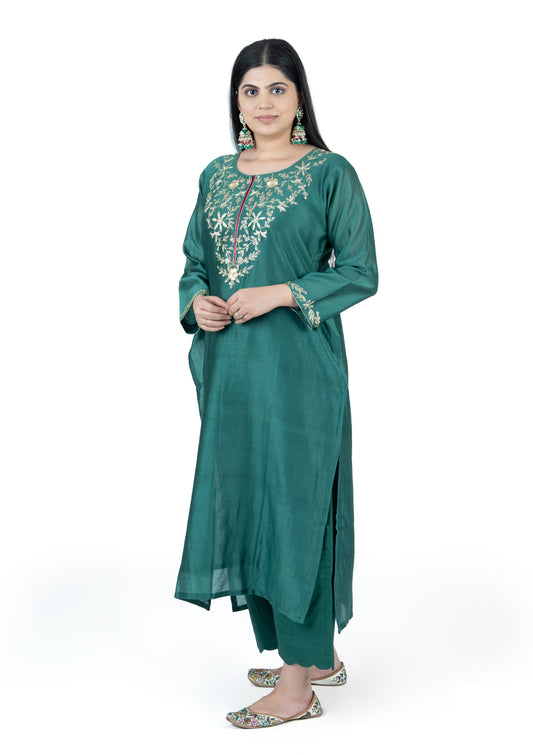 Premium Emerald Green Chanderi Co-Ord Set